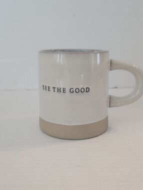 Hearth & Hand Sour Cream Gray Stoneware Embossed "See the Good" Coffee Tea Mug